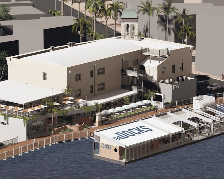 A drone-view of Flinders Street Wharves, Townsville.