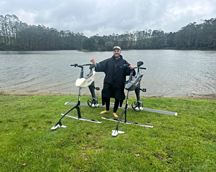 Yorick with his state-of-the-art foiling bikes. 