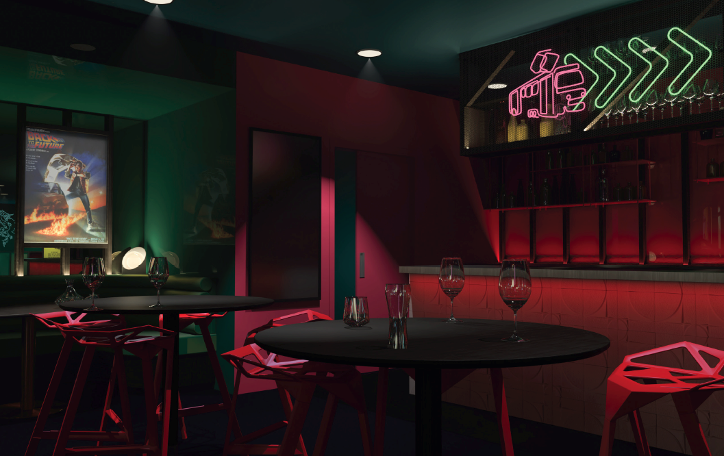 The inside of a lounge of a cinema with a neon light. 
