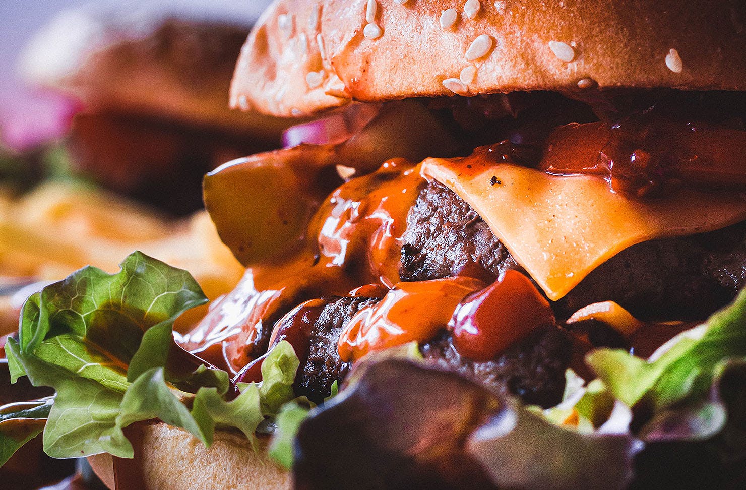 A juicy burger seen up close.