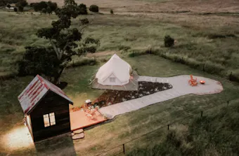 An aerial view of The Forager at Twigley Farm best glamping near Brisbane
