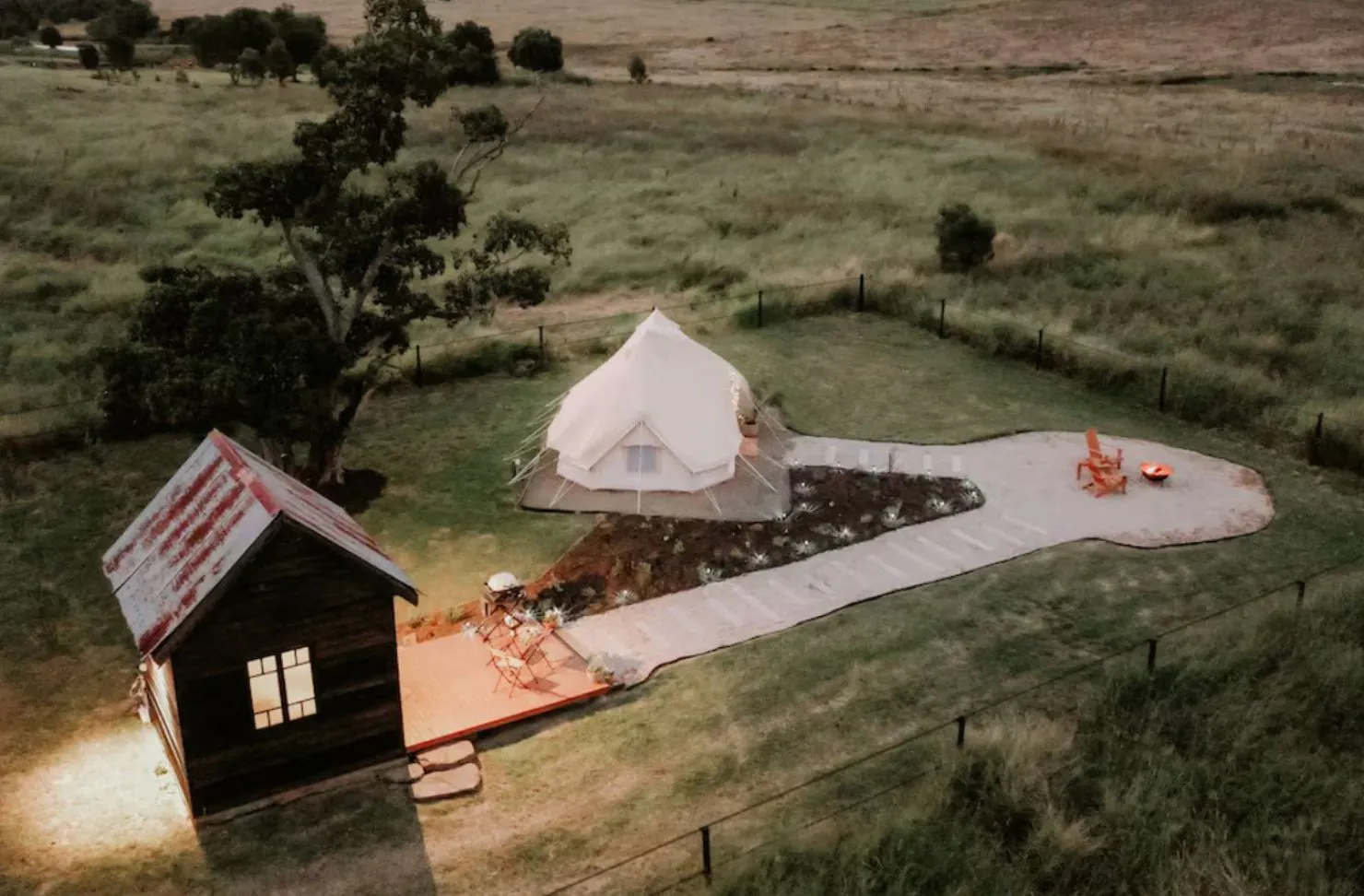 An aerial view of The Forager at Twigley Farm best glamping near Brisbane