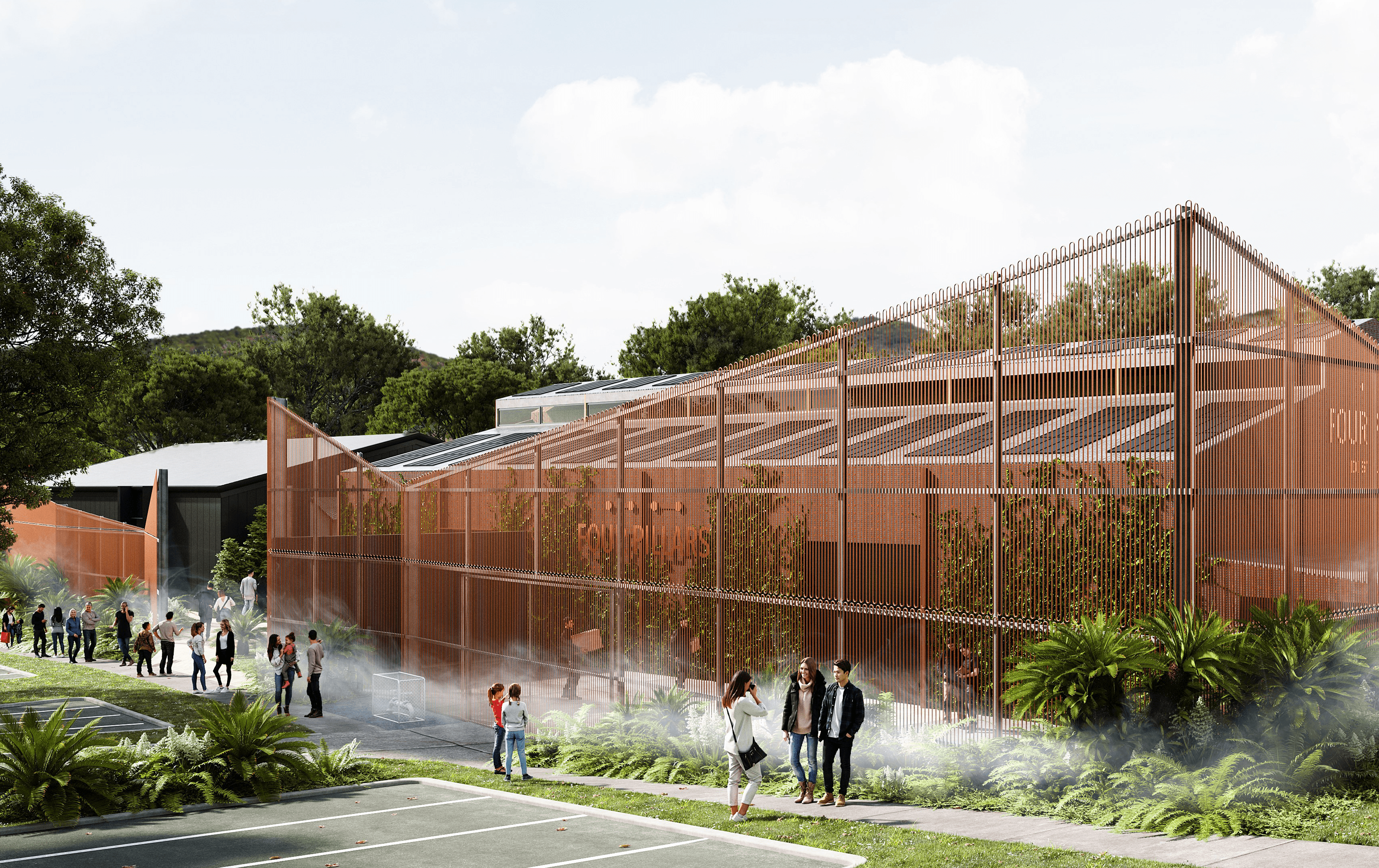 A large copper building with plants and people standing out front. 