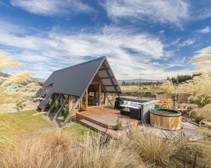 A view of the boutique A-frame Airbnb Four Peaks one of the best accommodation options near Wanaka New Zealand