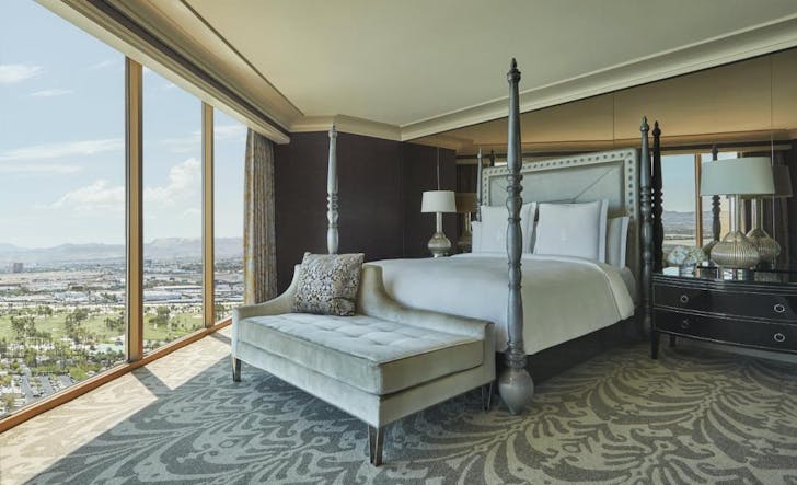 Naturally bright room interior with a city and mountain view, inside the Four Seasons on the Vegas Strip