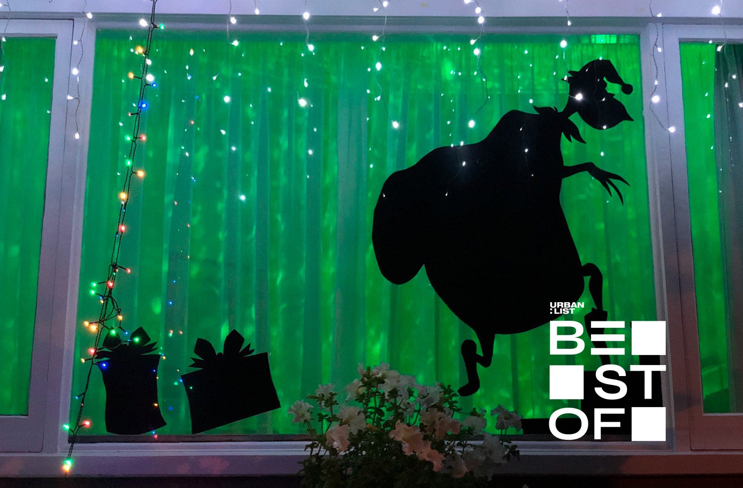 The Grinch creeps across the window on Franklin Road, one of the best places in Auckland to see Christmas lights.