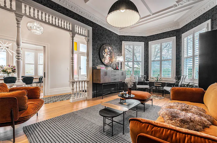 A wonderfully well appointed living room at the stunning Franklin38 hotel in Ponsonby.
