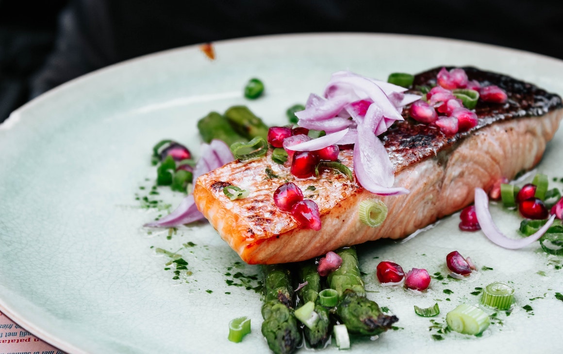 Cooked salmon on a plate from a fresh seafood shop in Perth