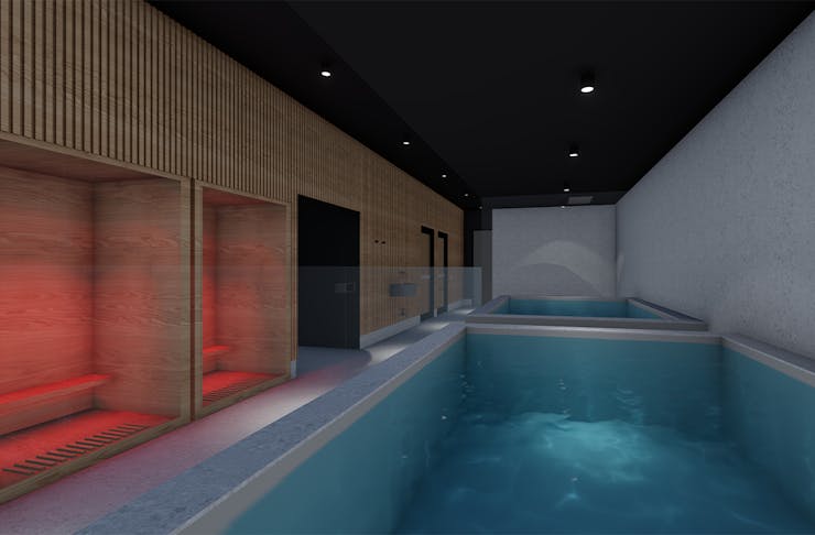A render of a wellness room with a pool and saunas.