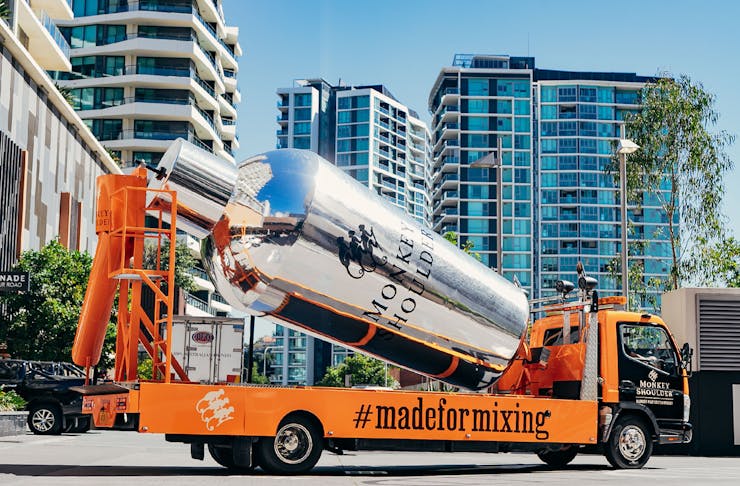An image of a cement mixer truck transformed into the Monkey Shoulder Shaker