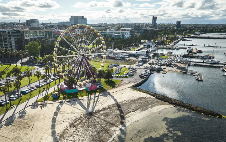 A sky-high view of Geelong including the waterfront. 