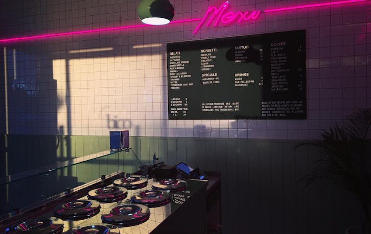 A pink neon strip light in one of Melbourne's best gelato shops, Gelato Papa.