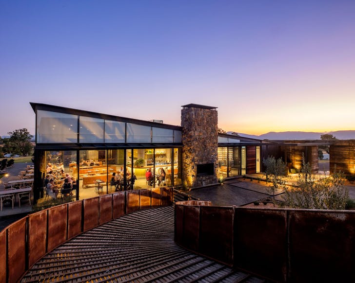 restaurant exterior at dusk
