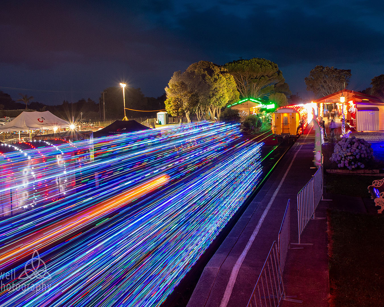 Glenbrook Vintage Railway all lit up for Christmas, definitely one of the best places to see Christmas lights in Auckland.
