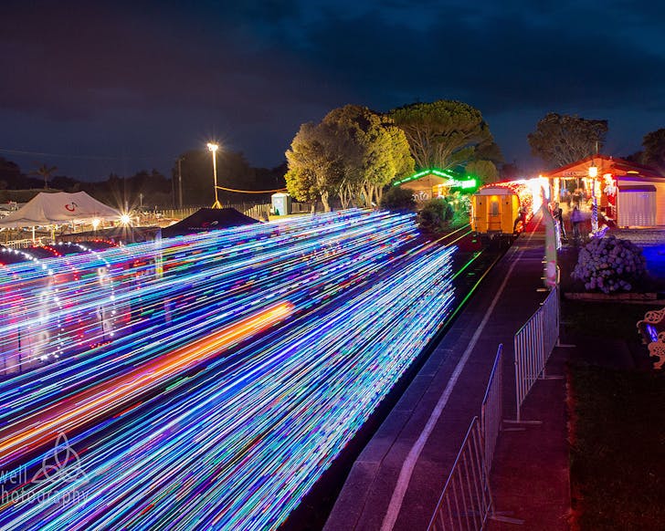 Glenbrook Vintage Railway all lit up for Christmas, definitely one of the best places to see Christmas lights in Auckland.