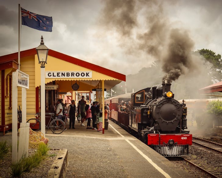 A steam train in engine at Glenbrook Vintage Railway. 