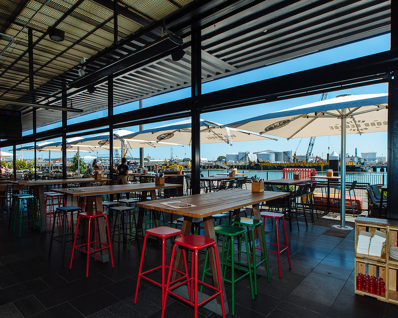 A view out to the waterfront at Good George North Wharf, one of the best waterfront restaurants in Auckland.