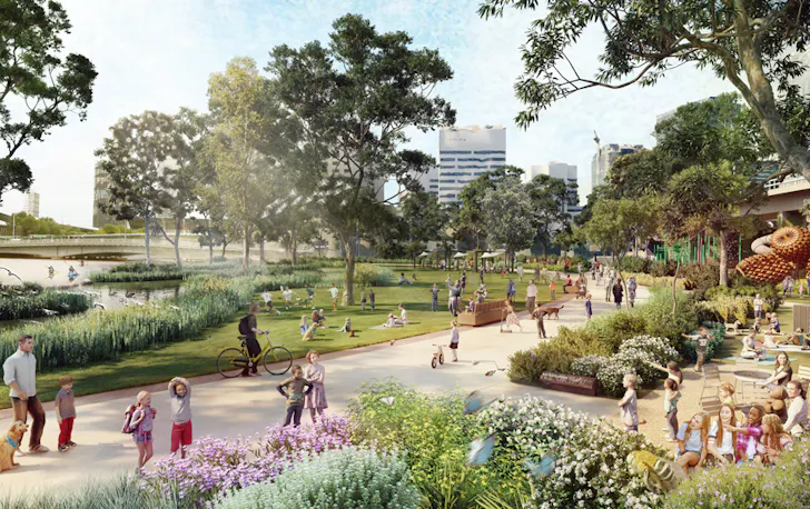 A digital render of city gardens with people walking.