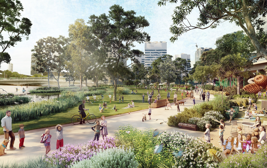 A digital render of city gardens with people walking.