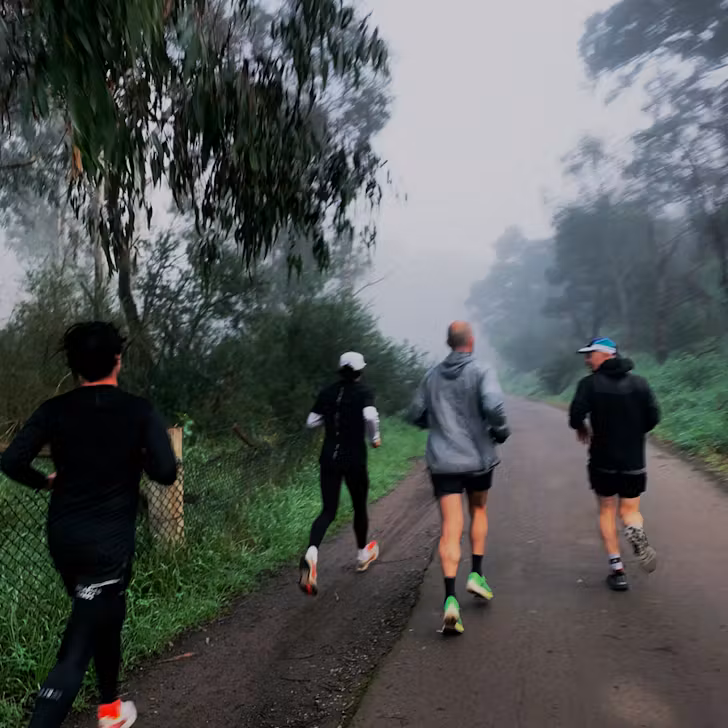 A group of people running through a misty trail on one of the best runs Melbourne. 