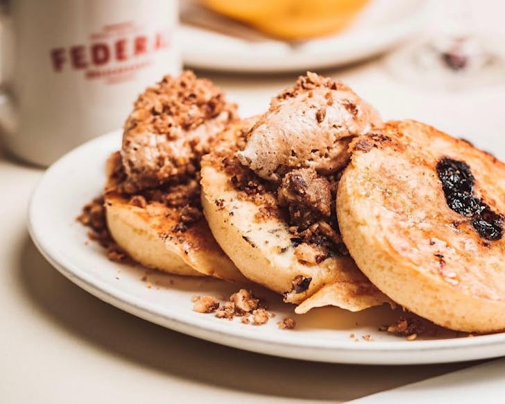 Three thick buttermilk pancakes