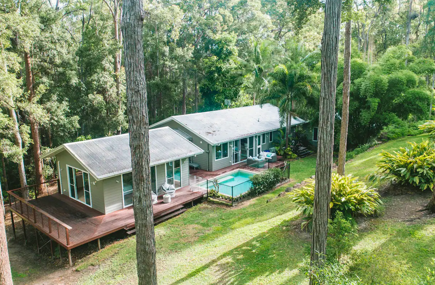 an aerial shot of an airbnb in the noosa hinterland