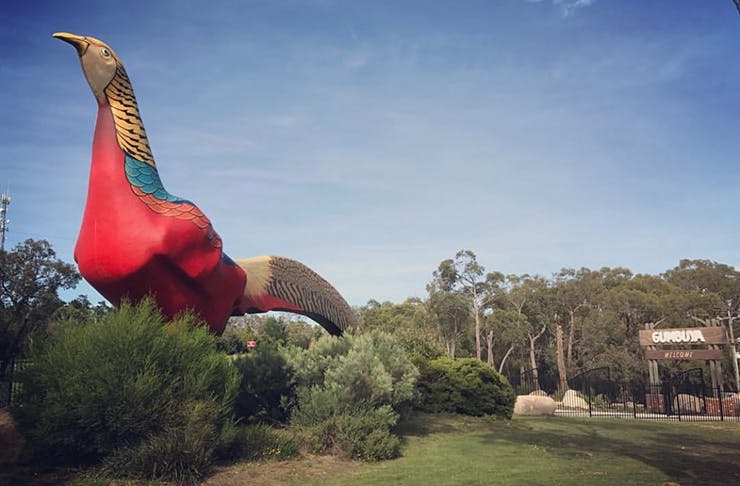 A giant pheasant statue inside the grounds of Gumbuya Park. 