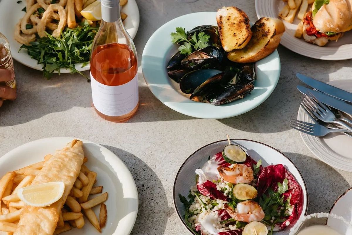 A spread of seafood dishes on a table