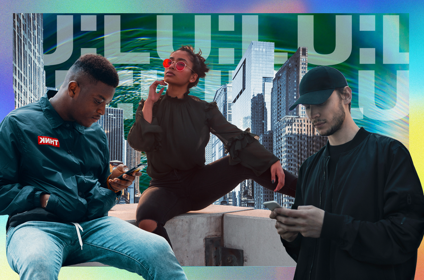 A collage of people on their phones. 
