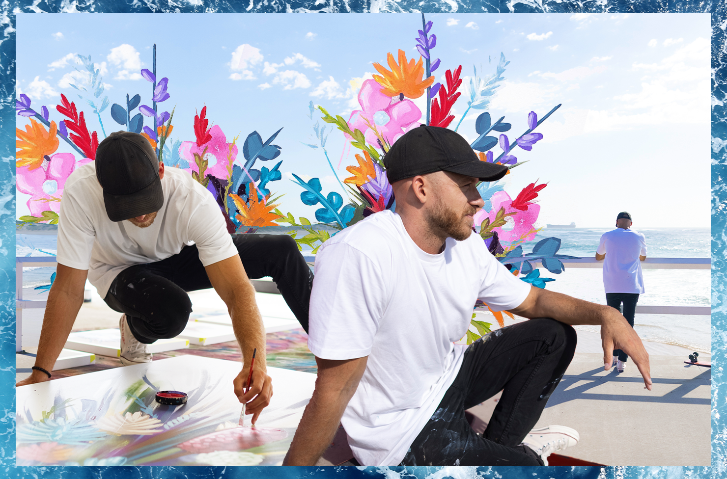 A collage of Mitch Revs painting.