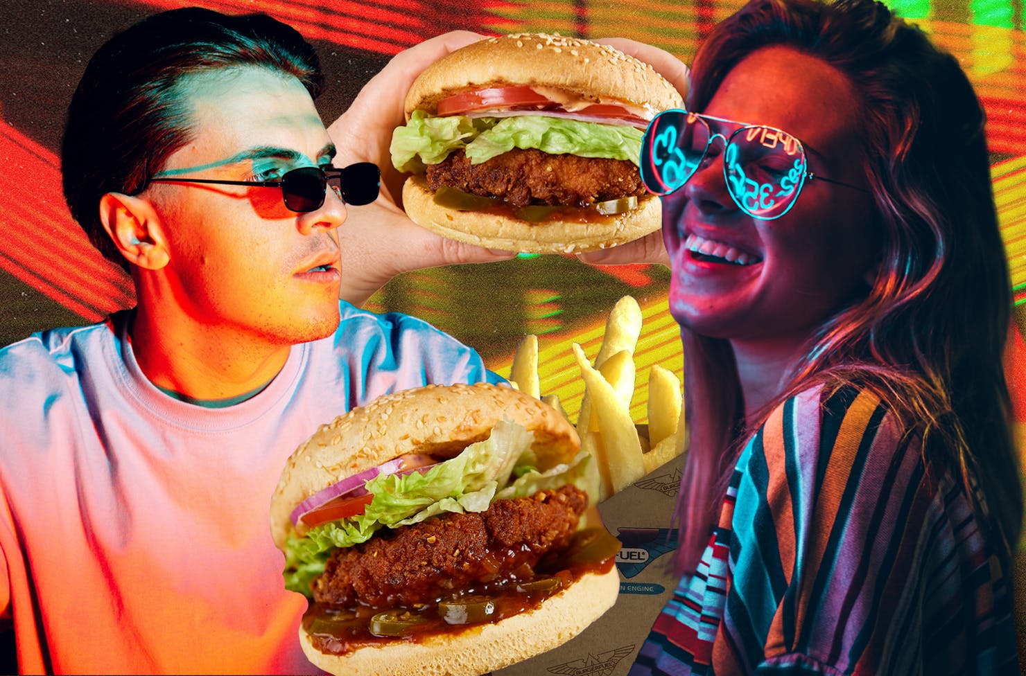 A collage featuring a man and woman, both wearing glasses and the BurgerFuel Modifried Thunderbird