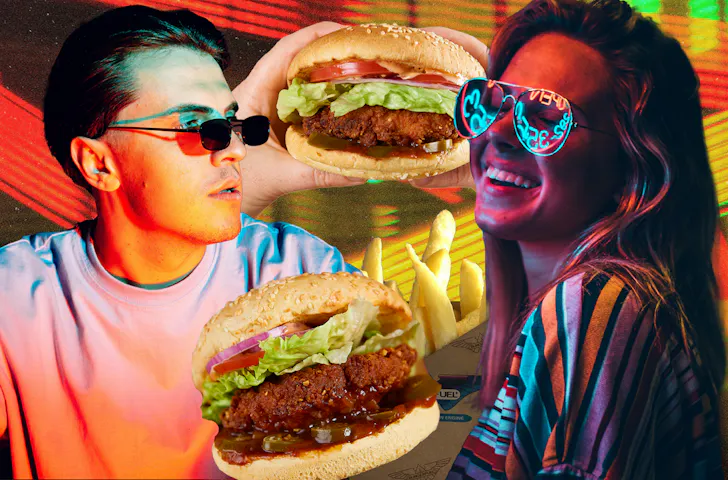 A collage featuring a man and woman, both wearing glasses and the BurgerFuel Modifried Thunderbird