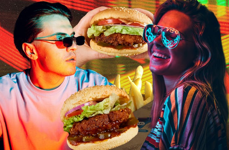 A collage featuring a man and woman, both wearing glasses and the BurgerFuel Modifried Thunderbird