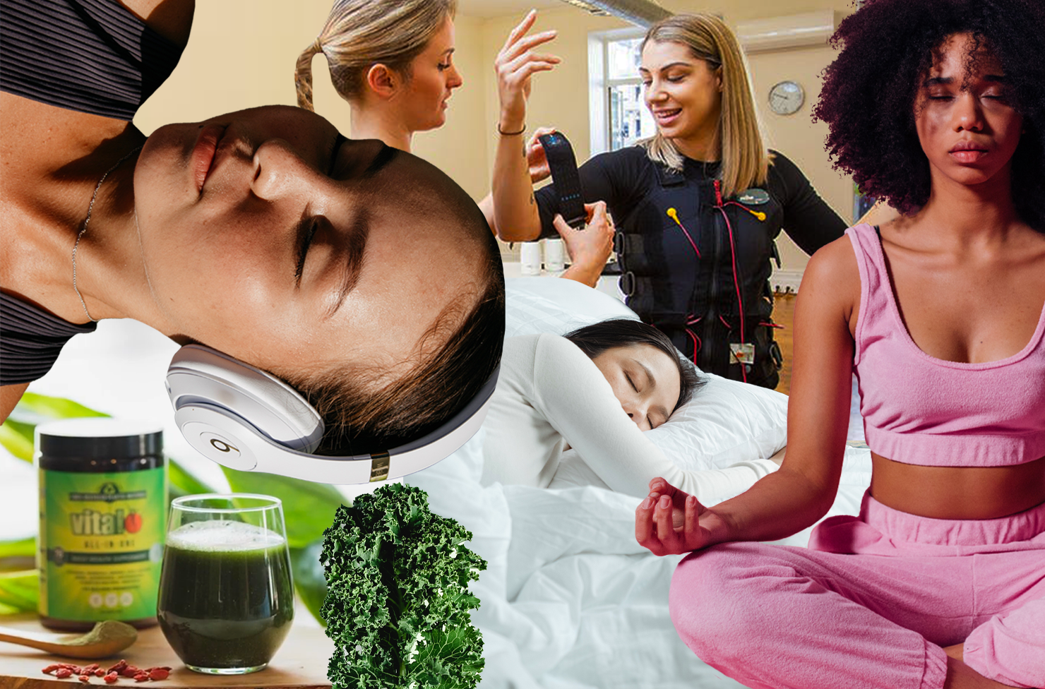 A collage featuring 5 of the wellness trends mentioned in the article.