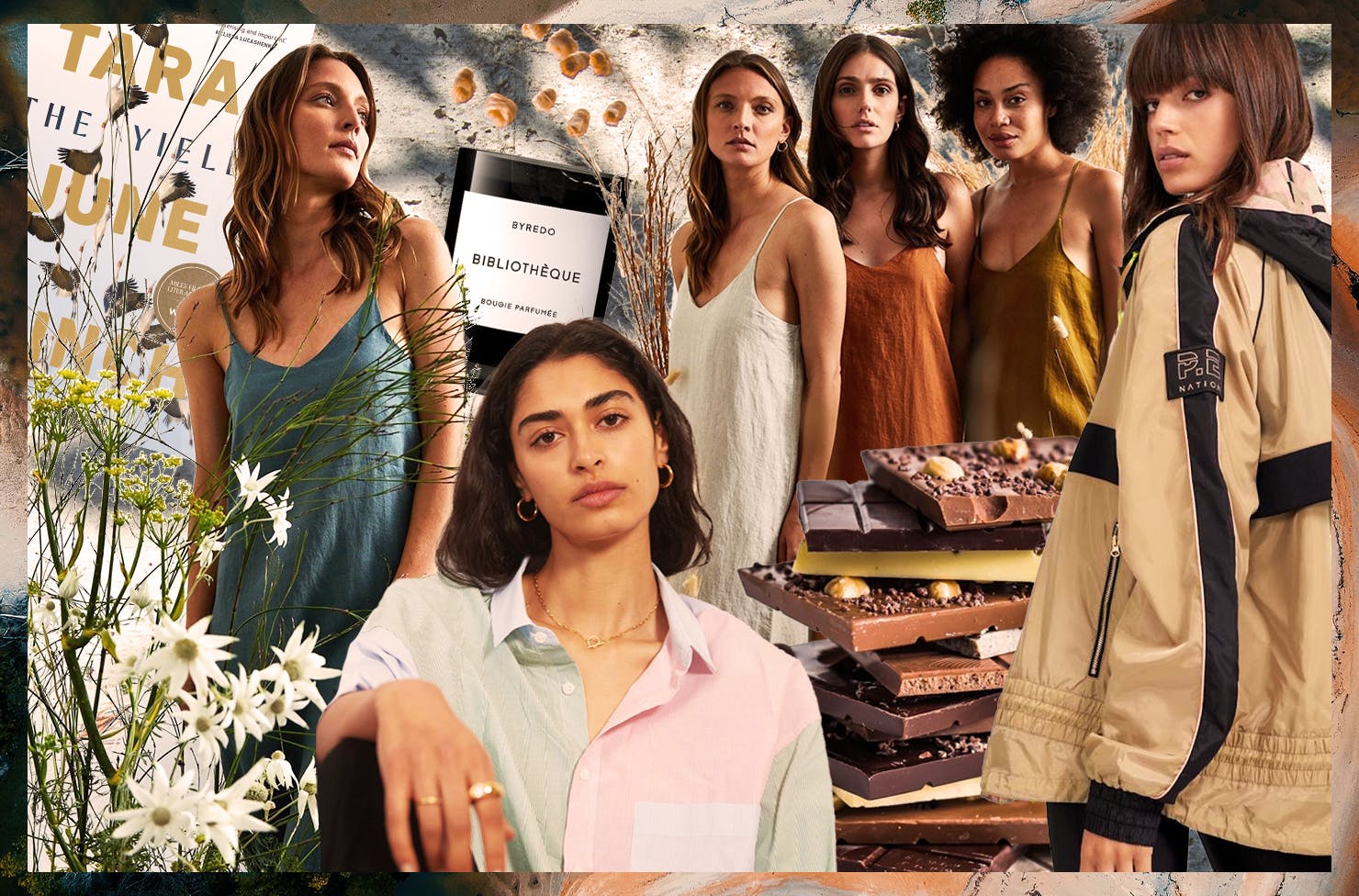 A collage mashup of women, a book and candle. 