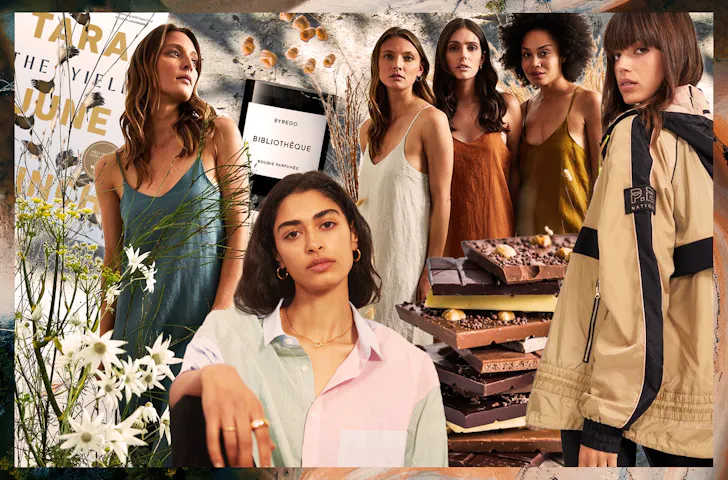 A collage mashup of women, a book and candle. 