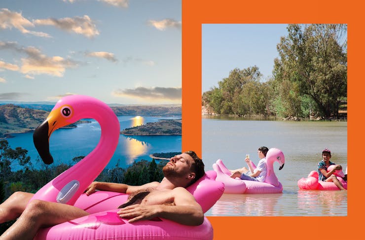 A collage featuring a lake with a full moon, and people in pink flamingo floaties.
