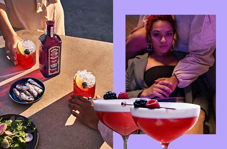 A collage of cocktails featuring the Bombay Bramble and a woman in neon hues.