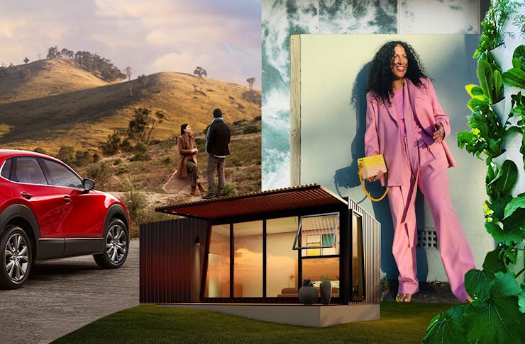 A collage showcasing sustainable investments including a Mazda CX 30 Car, Air Garden, ModnPod and a Maggie Marilynn fashion look.