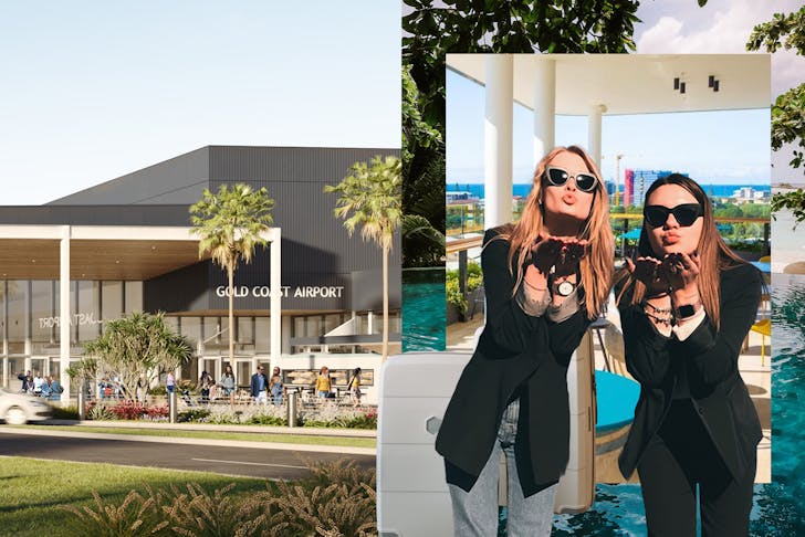 A collage featuring the Gold Coast Terminal expansion concept, The Rydges rooftop bar and two women blowing kisses at the camera.