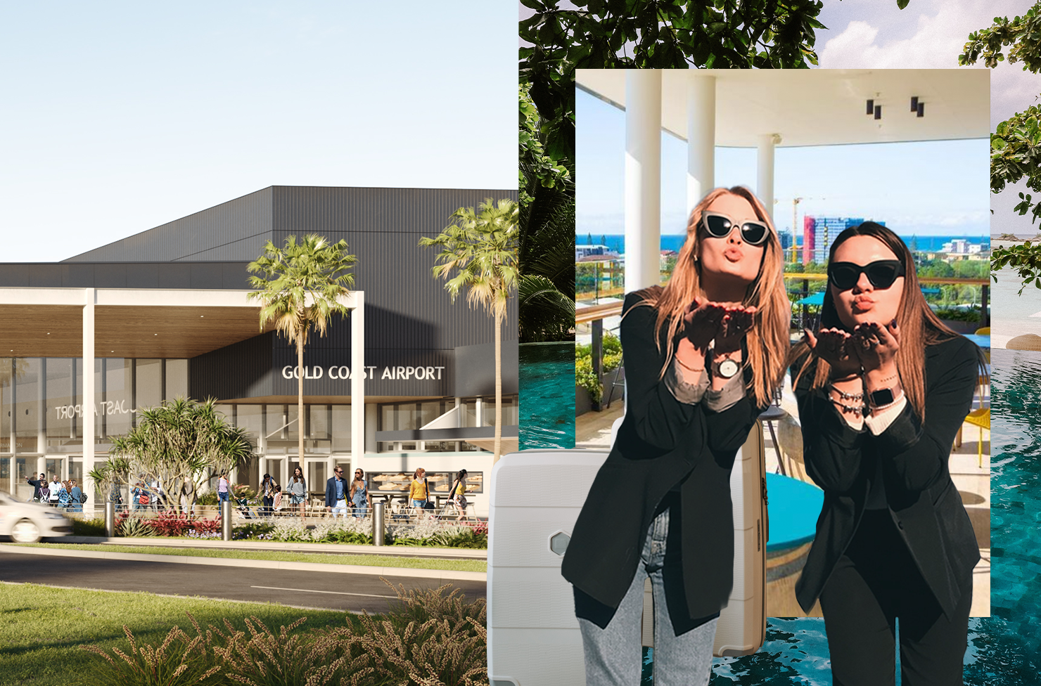 A collage featuring the Gold Coast Terminal expansion concept, The Rydges rooftop bar and two women blowing kisses at the camera.