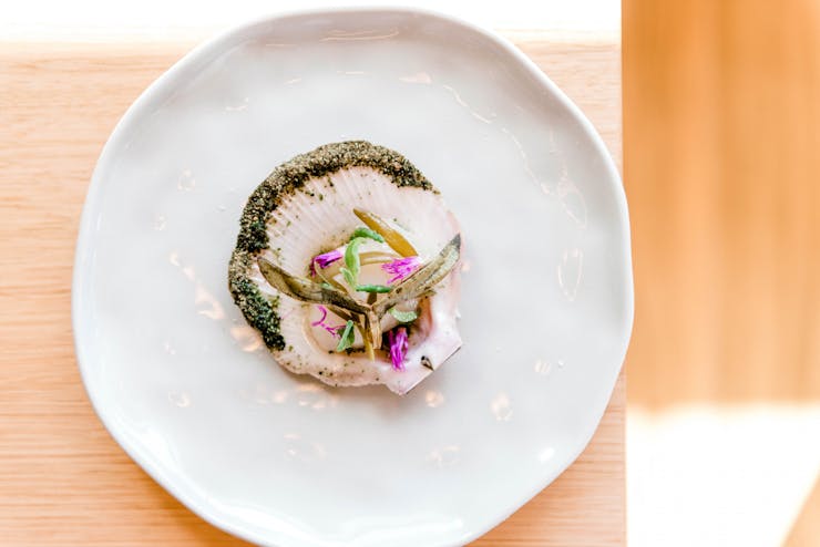 an aerial shot of a seafood dish