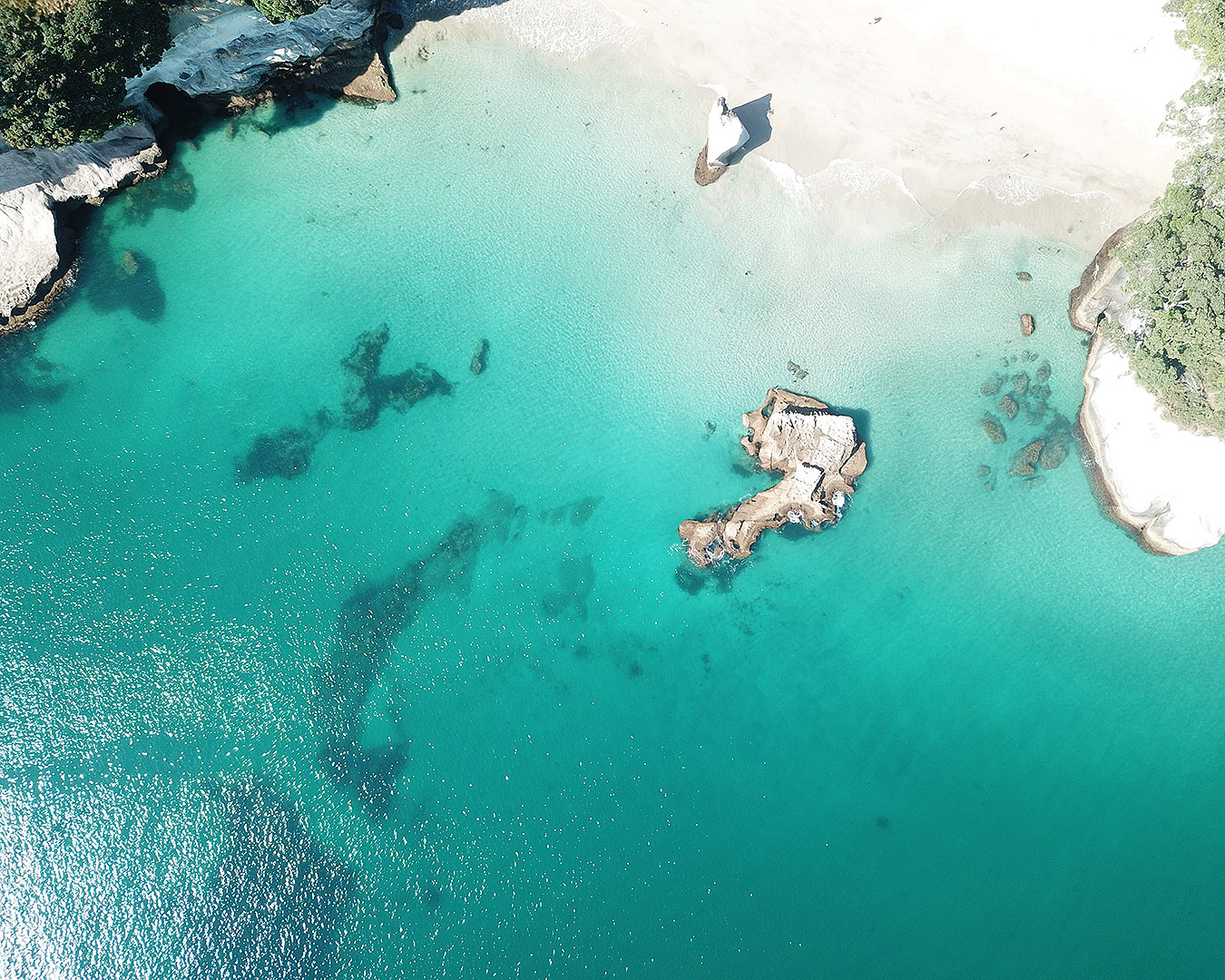 The green and blue waters of Hahei is seen from above.