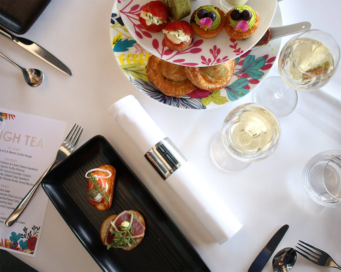 A high tea with champagne is laid out at Harbourside.