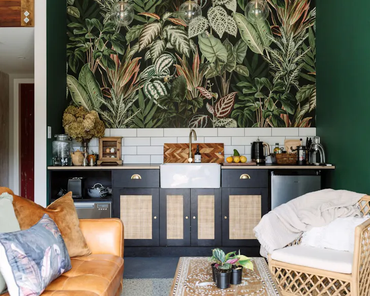 Statement wallpaper in the kitchenette at Harewood Grange best pet-friendly accommodation New Zealand