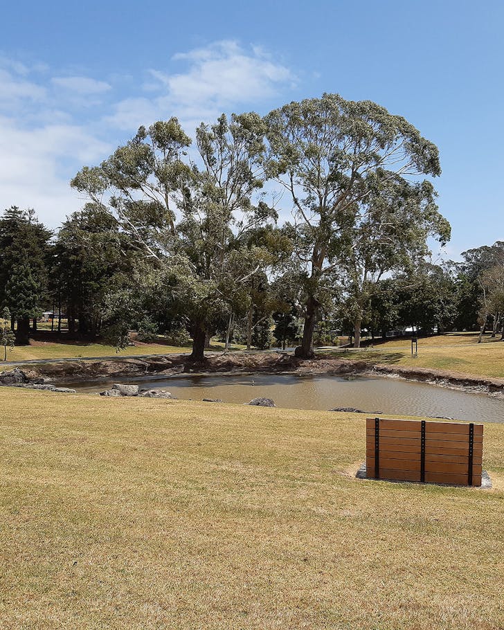 A park is seen at the end of summer with wide expanses of sun-bleached grass.