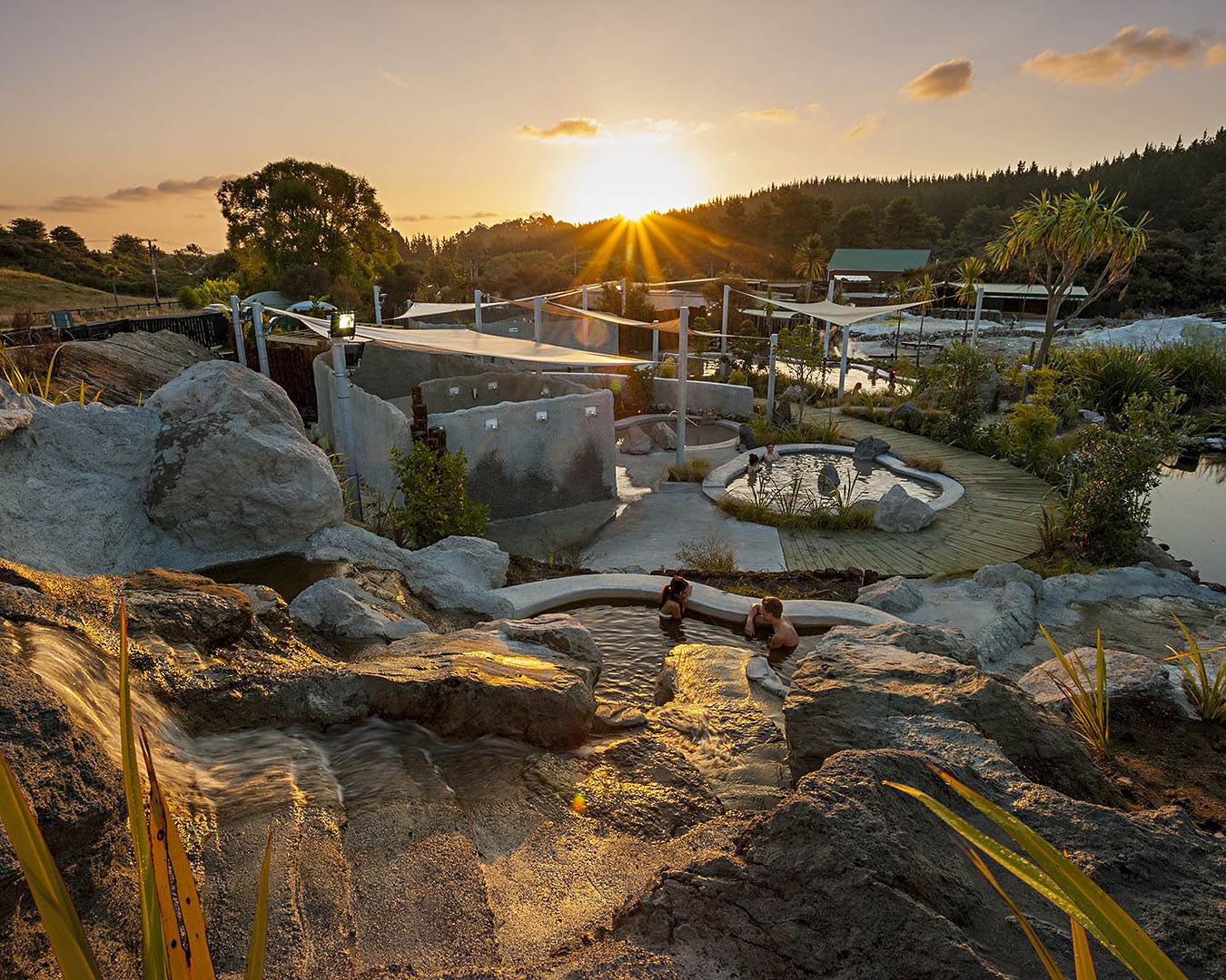 Hell's Gate Geothermal Reserve and Mud Spa at sunset.