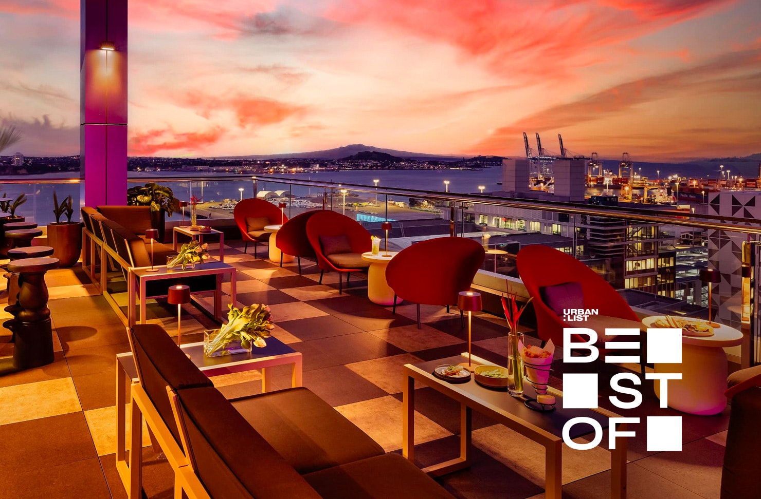 A view across the deck at HI-SO, one of the best rooftop bars in Auckland.