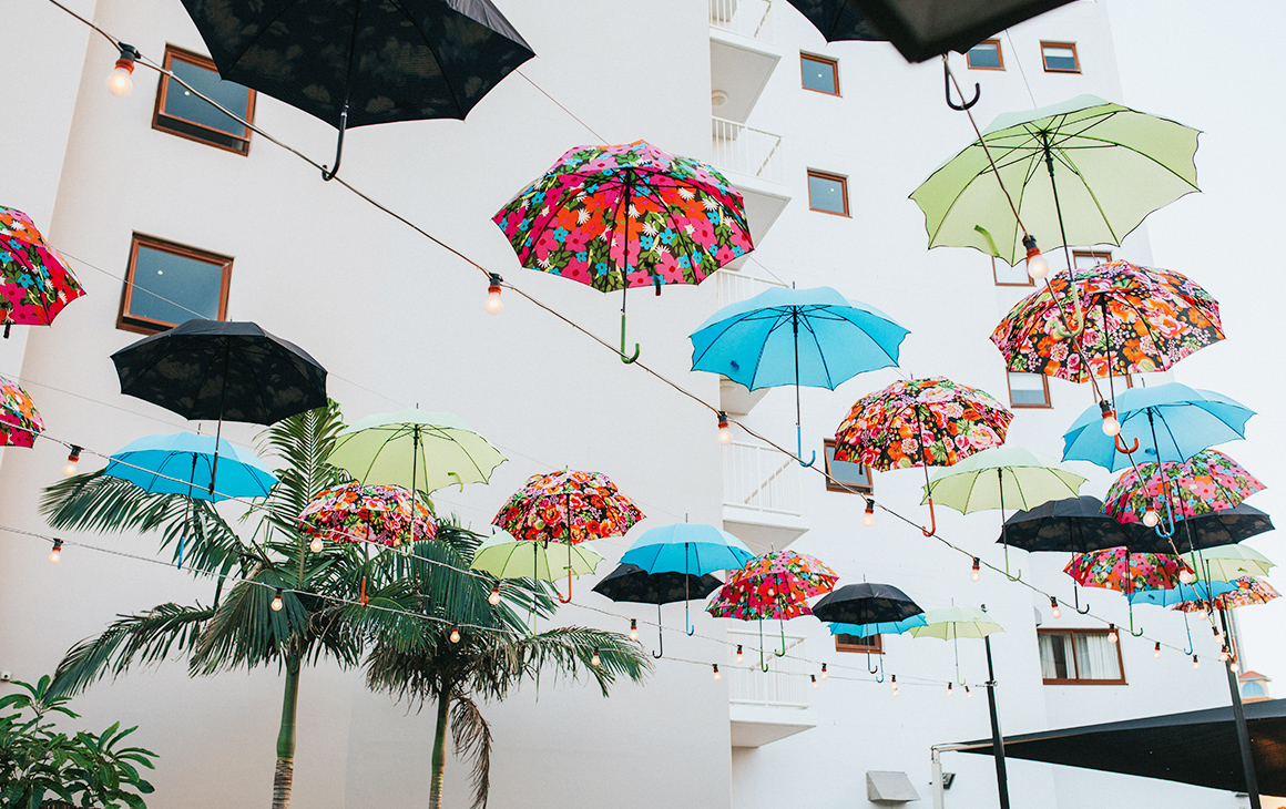 umbrellas overhanging a restaurant