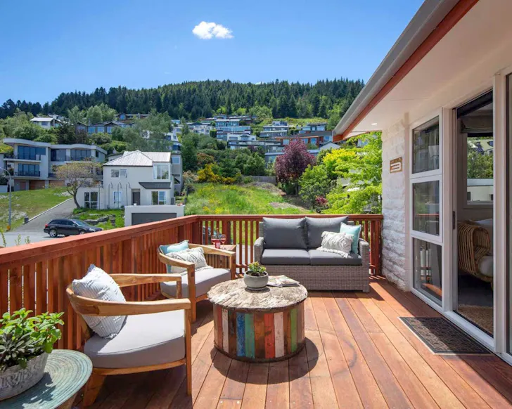 The outdoor deck at Hillside Villa 3 best pet-friendly accommodation New Zealand